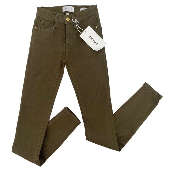 Frame Women’s Size 24 Le Skinny De Jeanne Green Coated Denim Jeans Surplus NWT - Picture 1 of 14